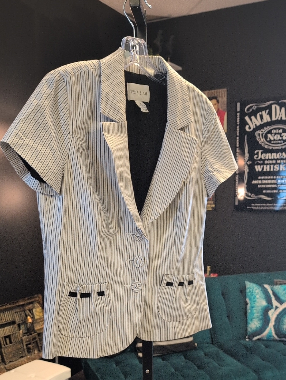 White House Black Market Cream and Navy Pinstriped Short Sleeve Blazer